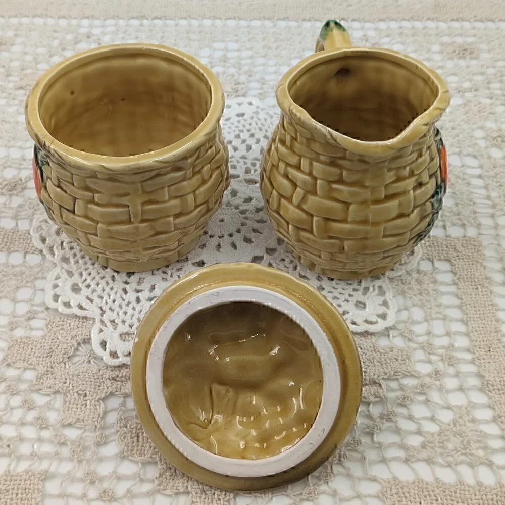 Vintage Lefton Japan Fiesta Basket Weave with Fruit Ceramic Cream and Sugar Set